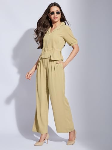 Latin Quarters Women Beige Collared Half Sleeves Solid Top Blouse for Casual Wear_XXL