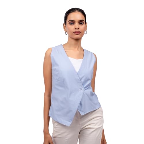 ZLAATA Blue Striped Formal Waistcoat Top for Women | Rayon Fabric | V Neck Style | Regular Fit with Straight Hemline | Sleeveless Tops for Women Stylish | Pack of 1 (Blue, S)