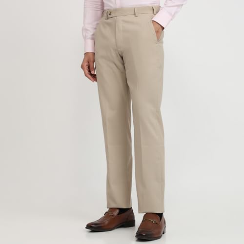 Park Avenue Men Regular Fit Solid Pattern Poly Viscose Blend Flat Front Formal Trouser Fawn