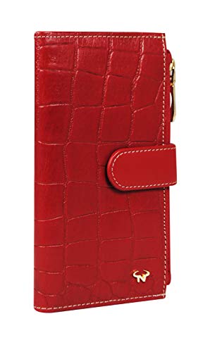 Calfnero Women’s Genuine Leather Croco Embossed Wallet | Long Clutch Wallet with Multiple Card Slots, ID Window & Dual Zip Compartments