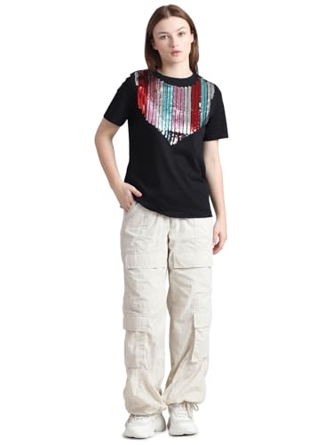 ONLY Women Embellished Cotton Black T-Shirt