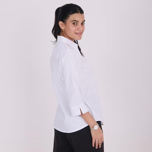 QUEEN SHIELD Women’s Linen Shirt with 3/4 Sleeves – V-Neck Button Down Casual Regualr Fit Top, Soft & Breathable Fabric White