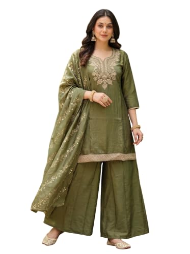 Women's Silk Blend Embroidered Straight Kurta Set With Palazzo And Dupatta