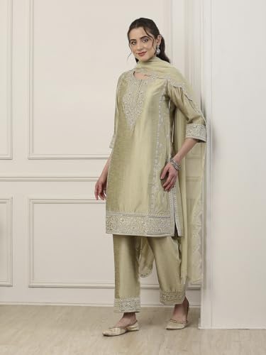BIBA Women Green Poly Viscose Straight Suit Set_34