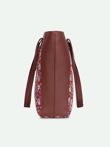 ZOUK Chittoor Red Kalamkari Floral Printed Women Jute Vegan Leather Red Side Tote Bag For Ladies With Double Handle