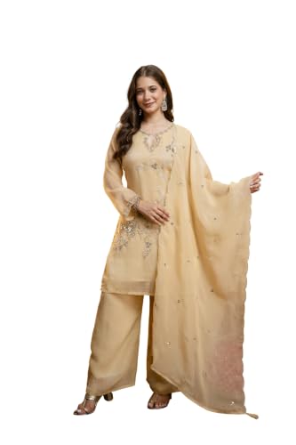 Women's Embroidered Silk Blend Kurta Set With Dupatta And Palazzo