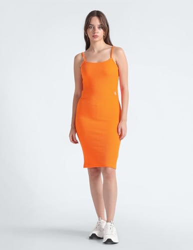 Calvin Klein Women Orange Square Neck Shoulder Strap Solid Polyester Pull On Strappy Bodycon Dress (XL)