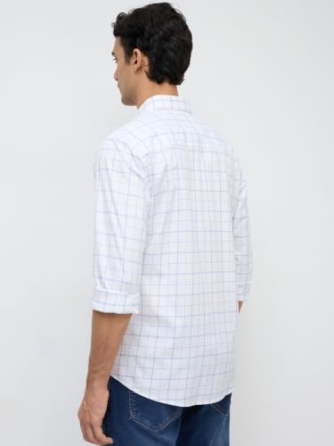 Park Avenue Men Slim Fit Checks Pattern Pure Cotton Short Collar Full Sleeve Casual Shirt Blue