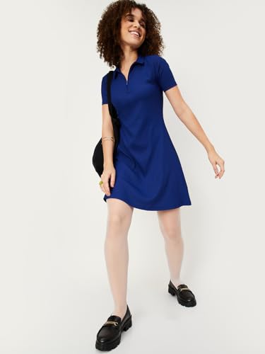 Max Women's Polyester Blend Classic Below The Knee Dress (PA23DRS05BLUE_Blue