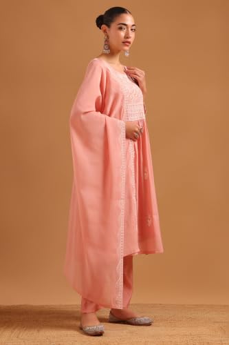 Soch Womens Peach Mul Chanderi Embroidered Botanical Chikankari Embroidery Salwar Suit