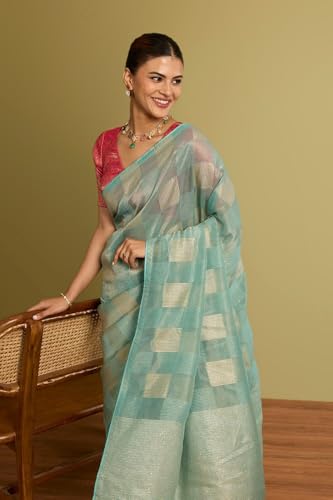 Taneira Women Light Blue Woven Viscose Tissue Saree with Unstitched Blouse Piece (SAPP10AC2548-Light Blue)