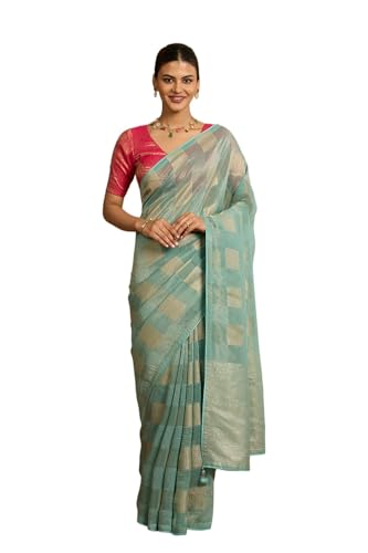 Taneira Women Light Blue Woven Viscose Tissue Saree with Unstitched Blouse Piece (SAPP10AC2548-Light Blue)