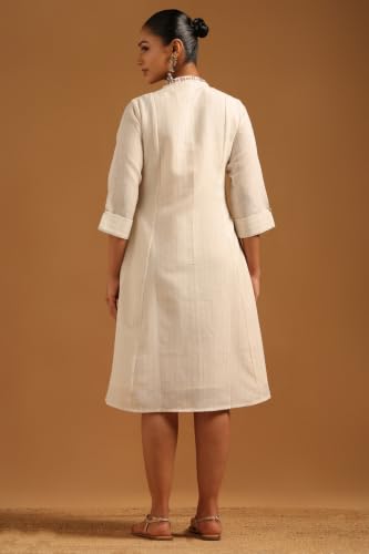Soch Womens Off White Cotton Striped Dress with Zari Embroidery
