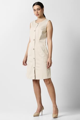 Women Beige Solid Knee Length Formal Dress