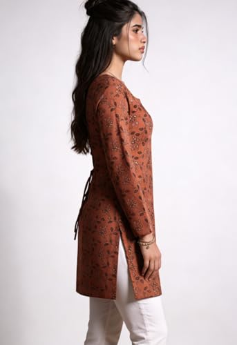 Women's Pure Cotton Corset Kurti | Floral Printed Straight Fit Kurta with Lace-Up Back Design | Ethnic Casual & Office Wear for Women | Brown | Size M