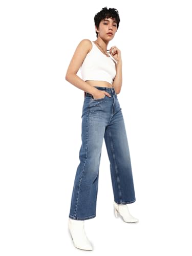 ONLY Women's High Rise Wide Leg Jeans Medium Blue Denim