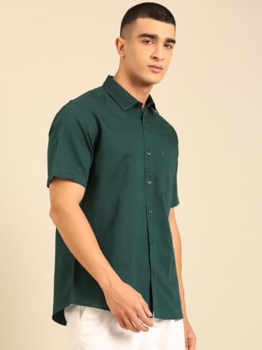 Cavallo by Linen Club Men's Half Sleeve Solid Regular fit Linen-Cotton Casual Shirt Dark Green
