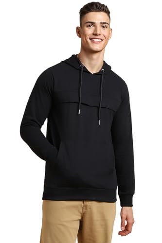 FOREVER 21 Men's Cotton Blend Hooded Neck Sweatshirt (FMA23CATF0005_Black