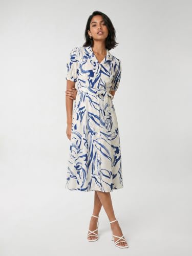 Max Women Printed Belted Midi Dress (White_S)