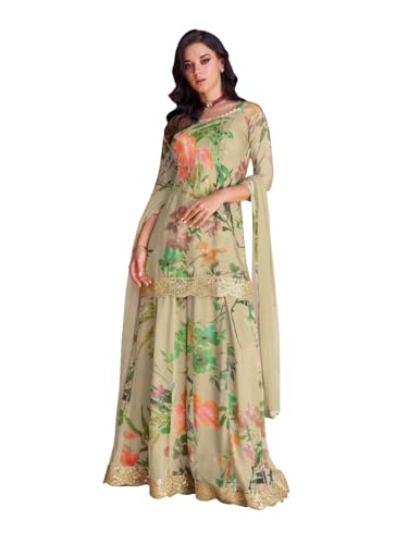 RUDRAPRAYAG Chinon Silk Floral Digital Print With Embroidery Womens Ethnic Wear Sharara Salwar Suit(Semi Stitched), Beige,Free Size