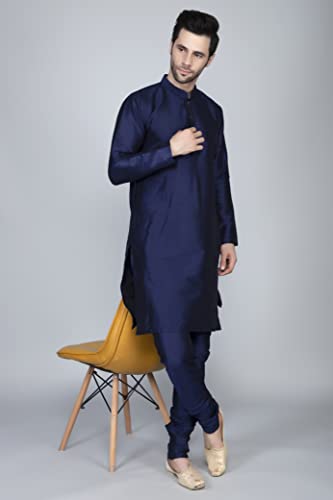 Ethluxis Men's Silk Blend Kurta Churidar Pyjama With Ethnic Bundi Jacket Set (38, Navy/Navy, Regular Fit)