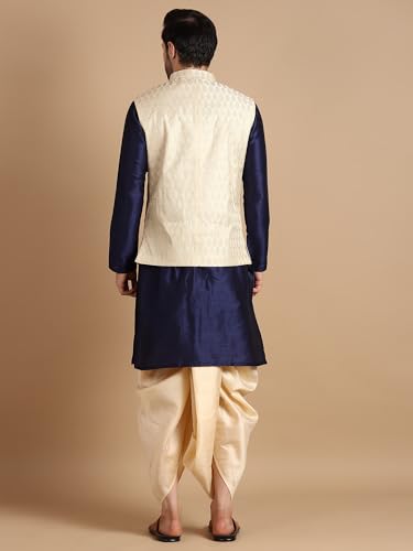 Uri and MacKenzie Men Kurta Dhoti with Waistcoat Jacket Blue Golden