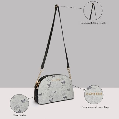 Caprese Scarlet Small Sling Bag for Women with Adjustable Strap | Floral Printed Faux Leather | Multi-Compartment Crossbody Purse | Zipper Closure | Stylish Everyday Bag (Black)