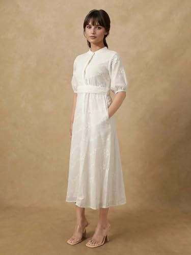 Rareism Women's Round Neck Embroidered Puff Sleeves Midi A-Line Dress