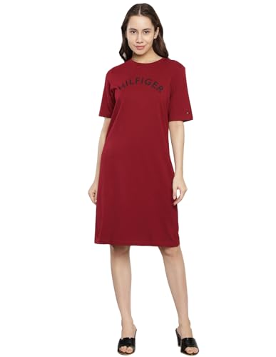 Tommy Hilfiger Women's Cotton T-Shirt Above The Knee Casual Dress (F23HWDR031_Maroon