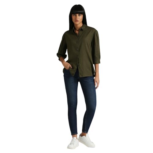 Pepe Jeans Women's Solid Relaxed Fit Shirt (PL304917_Olive Green