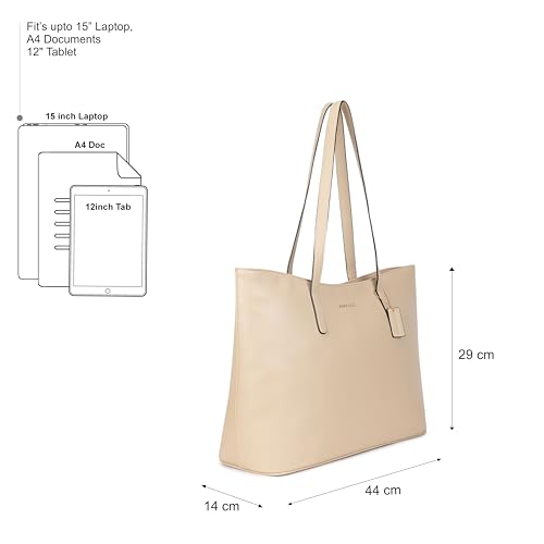 Fastrack Pebble Play Laptop Tote | Beige Faux-Leather Tote Bag for Women | 15-Inch Laptop Compatible | Gold Hardware Finish with Double Handles, Zipper Closure & Organised Storage
