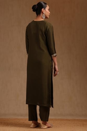 Soch Womens Green Russian Silk Zari Woven Kurta Set With Zari Woven