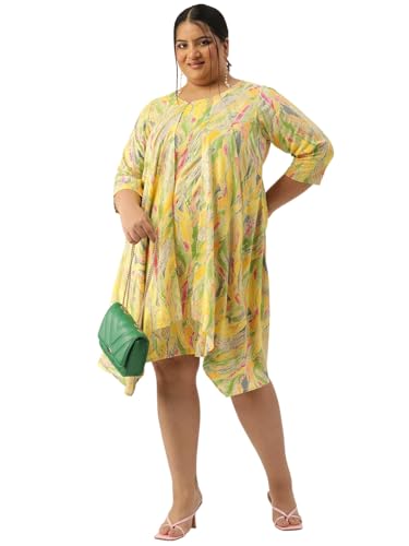theRebelinme Plus Size Women's 6409QC Yellow Gold Foil Printed Layered Dress(XXXXL)