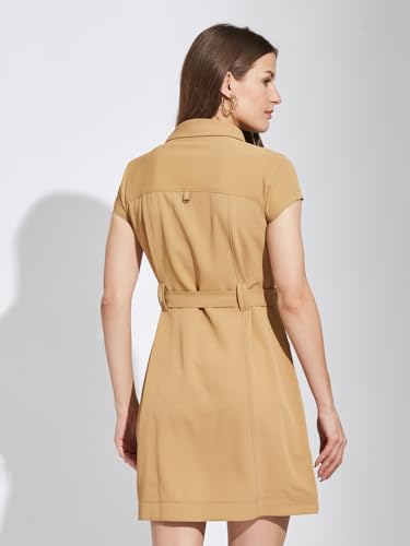 Latin Quarters Women Beige Collar Neck Cap Sleeves Solid Above Knee Shirt Dress for Casual Wear_S