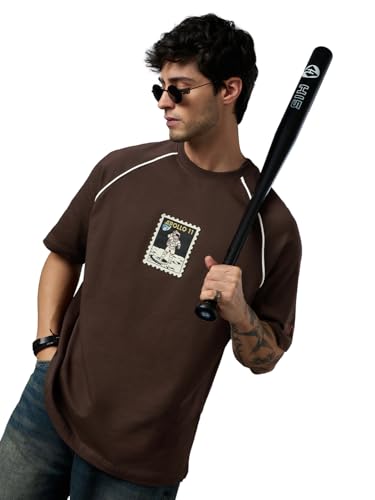 The Souled Store NASA: Man On The Moon Men and Boys Short Sleeve Round Neck Dark Brown Embellished Casual Lightweight Drop Shoulder Streetwear Trendy Oversized T-Shirts