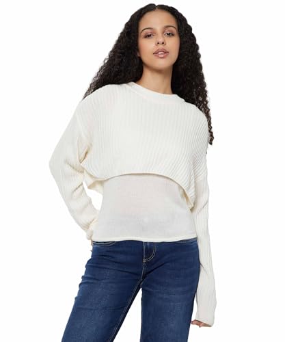 Max Women Ribbed Layered Sweater(White_XXL)