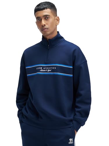 XYXX Crew Men Cotton Blend Zip up Sweatshirt| Long Sleeves with Half Zip Up| Sweatshirt for Men| Solid-Oversized |Blue Nights | XL