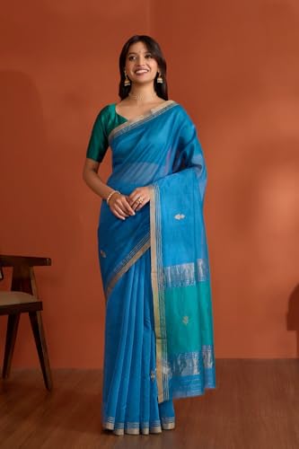 Taneira Women Dark Blue Pure Silk Cotton Chanderi Woven Saree with Unstitched Blouse Piece (SAPH03AA7685-Dark Blue)