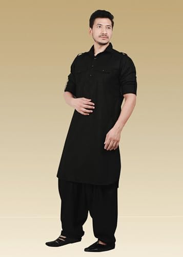 K-ROYALS Afghani Style Men'S Solid Pathani Suit/Luxury Fabric Kurta Pyjama Set (Black, XXX-Large)