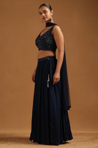 Soch Womens Navy Blue Chinon Embroidered Lehenga Choli With Cutwork And Sequins