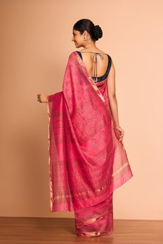 Taneira Women Pink Rajasthan Pure Silk Cotton Printed Sanganeri Saree with Unstitched Blouse Piece (SAPP01AC6737-Pink)