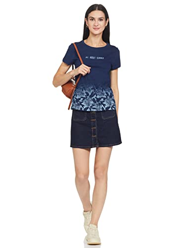 Pepe Jeans Women's Cotton Geometric Regular T-Shirt (PL504568_Indigo Small)