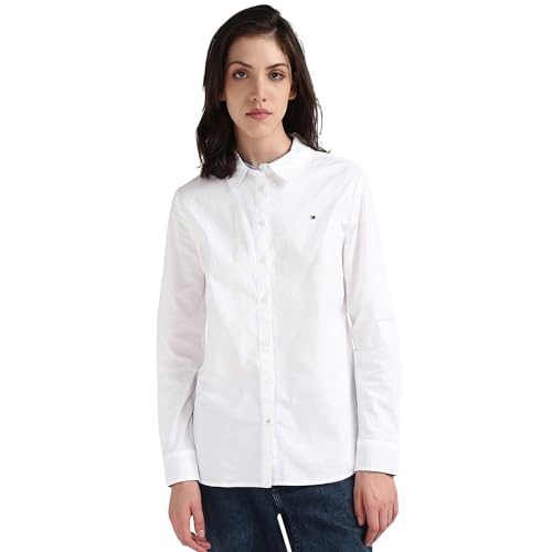 Tommy Hilfiger Women White Solid Cotton Full Sleeve Shirt