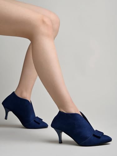Shoetopia Women's BlueSuede Ankle Boot Heels – Pointed Toe with Bow Detail, Stylish & Comfortable Shoes EU37