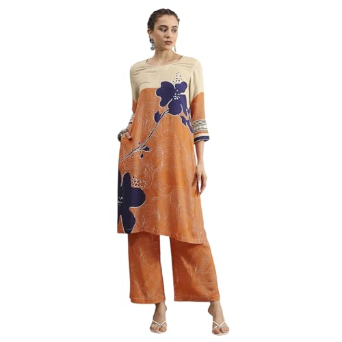 Biba Women Orange Viscose Rayon Straight Printed Fusion Set_38