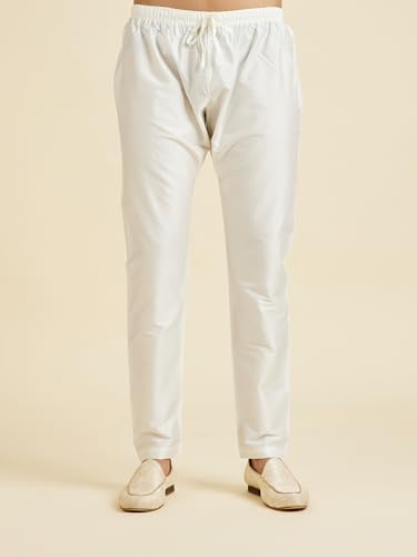 Manyavar Men's Art Silk Textured | Neck Embroidered Kurta Pyjama Set(Warm White,XL)