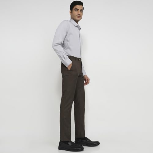 Raymond Men Slim Fit Checks Pattern Polyester Blend Flat Front Formal Trouser Dark Brown