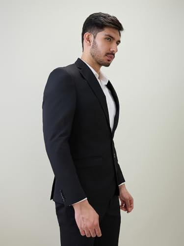 Raymond Men Contemporary Fit Solid Pattern Poly Viscose Blend Notch Lapel Full Sleeve Formal Suit Black