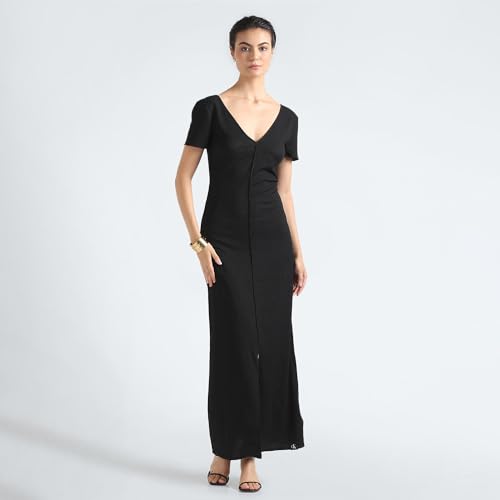 Calvin Klein Polyester Black Solid V Neck Short Sleeves Women Crinkle Maxi Dress (XS)