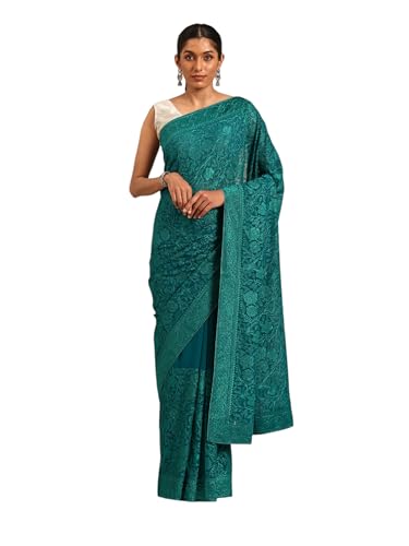 MOHEY Women's Georgette Embroidered Rhinestone Embellished Saree(Green)